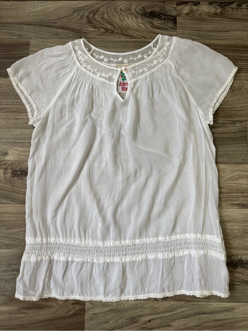 Johnny Was Lace Trim Peasant Blouse in White Delicate Bohemian Size Large